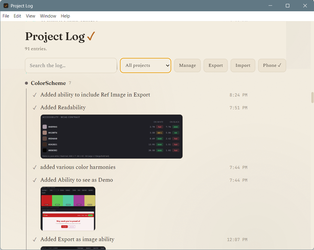Project Log timeline view