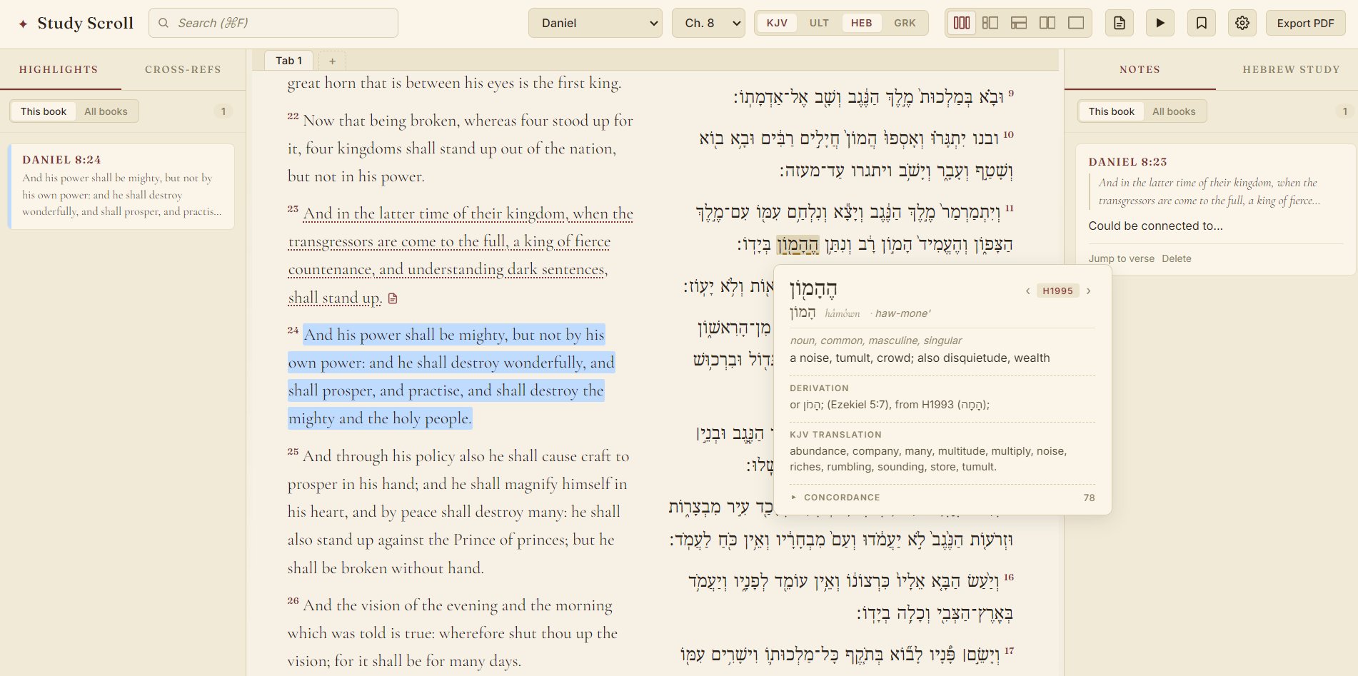 Study Scroll three-column parallel reading: Hebrew Masoretic, KJV, and Strong's definitions